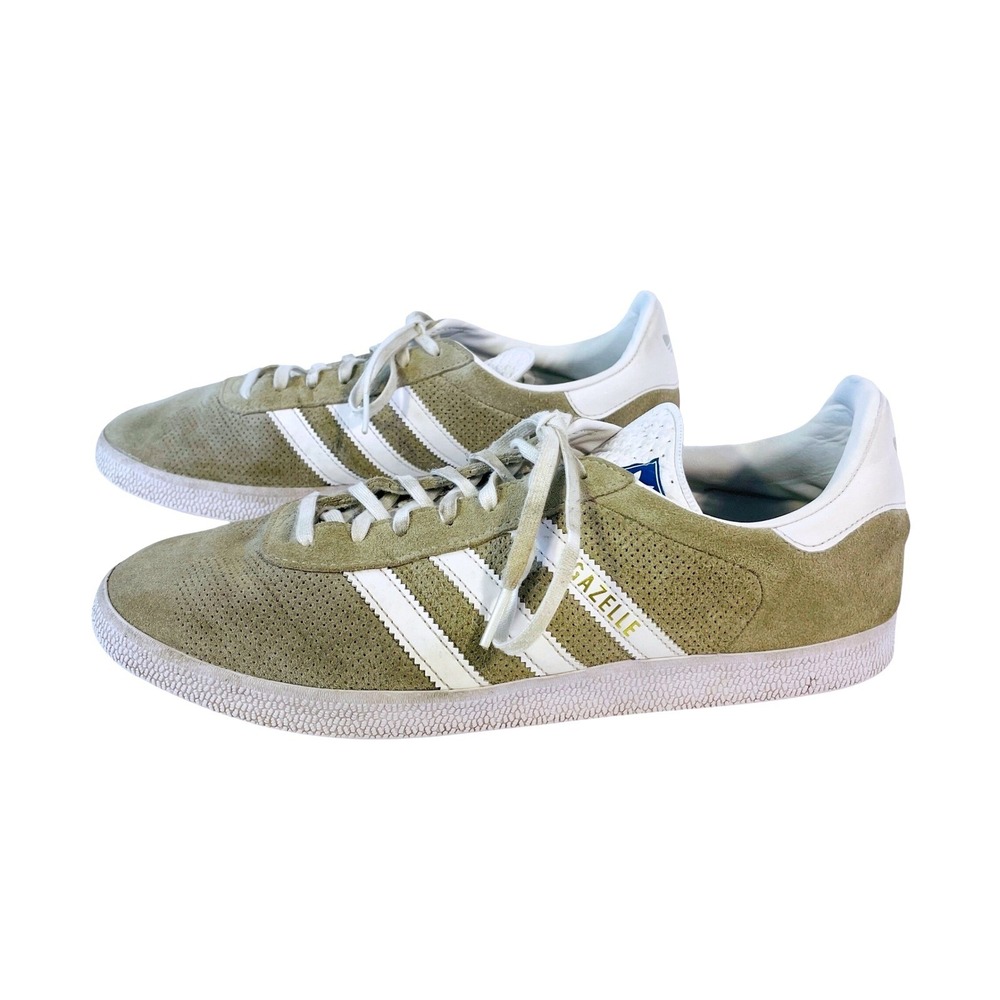 Adidas Gazelle Beige Suede Sneakers Mens 10.5 Low Top White Stripes Gold Foil
